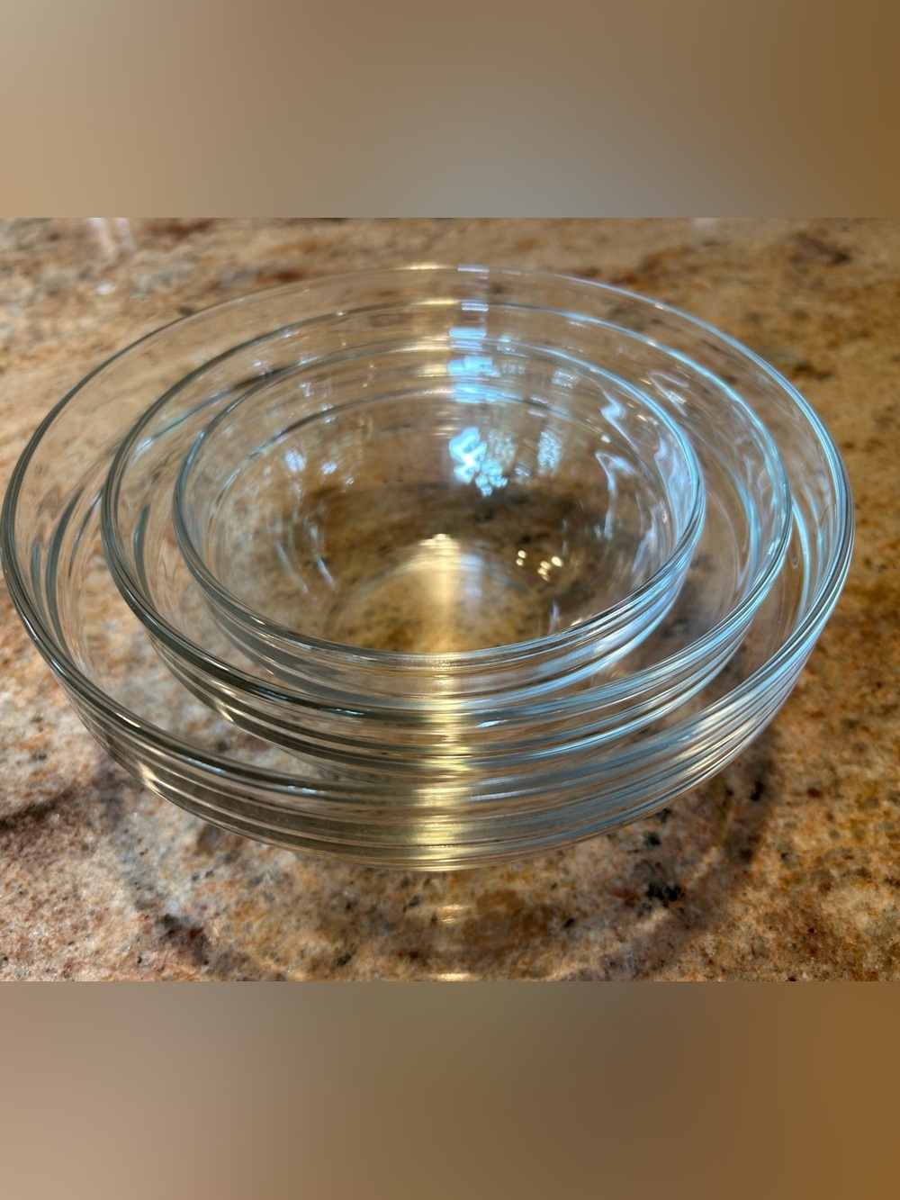 Arcopal France Clear Glass Mixing Bowl Set 3 piece 6.5 cup; 3.5 cup; 2.5 cup Vtg